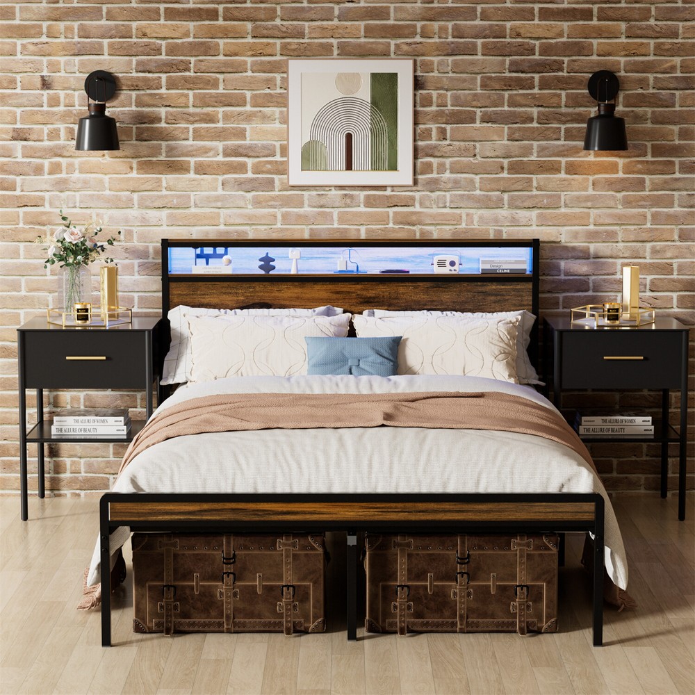 Queen Size Bed Frame Metal Platform Bed Frame w/ Storage Headboard & USB Port