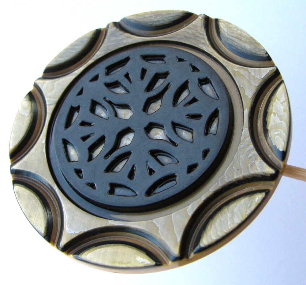 Extra Large Celluloid Wafer Button Laminated Layered Carved with Ornate Pattern