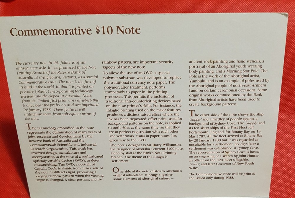 1988 AUSTRALIAN $10 FRASER/JOHNSTON FIRST POLYMER NOTE FOLDER AA 16 077425