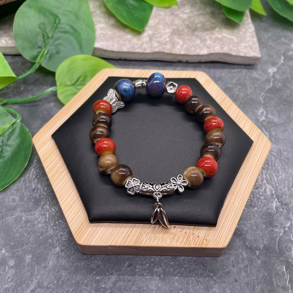 Handmade Ceramic Bead Beaded Stackable 6” Plus Stretch Bracelet New B612