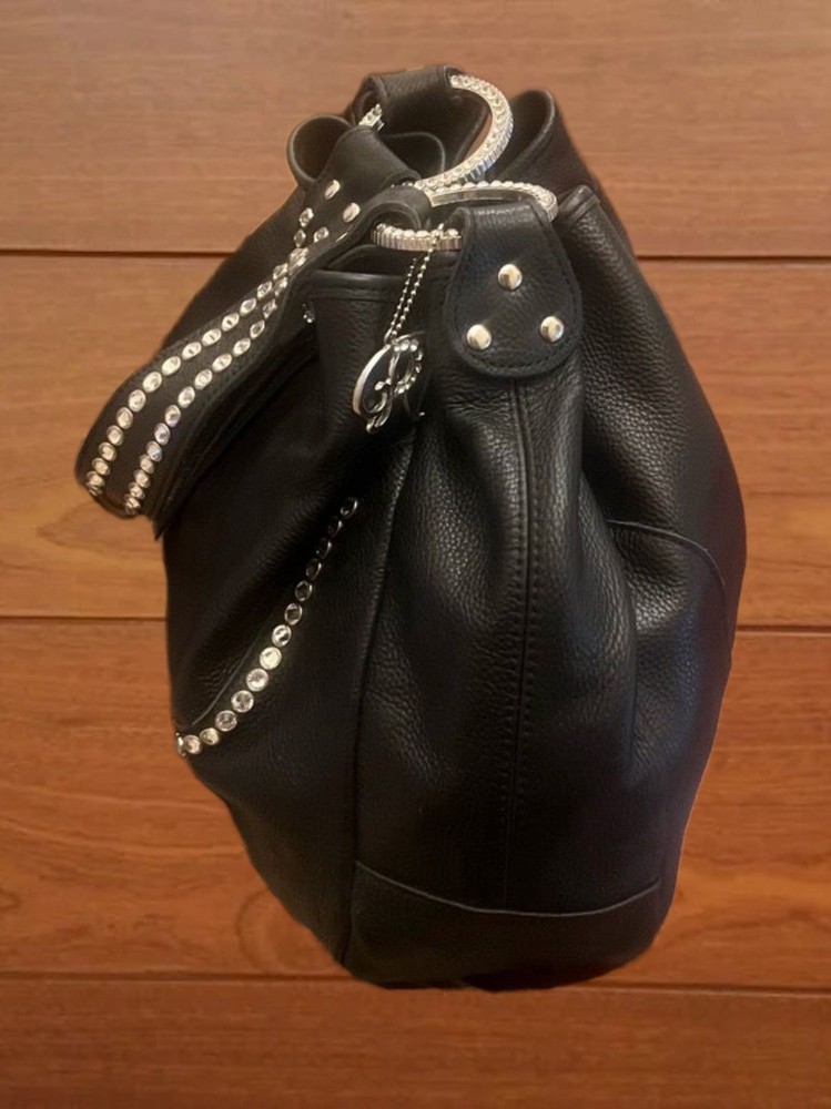 Raviani Drawstring in Black Pebble Grain Leather With Crystals.