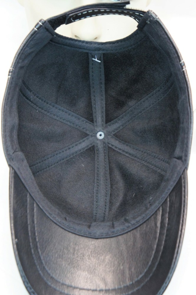 Black 100% Genuine Real Lambskin Leather Baseball Cap Hat Visor WHITE THREAD NWT