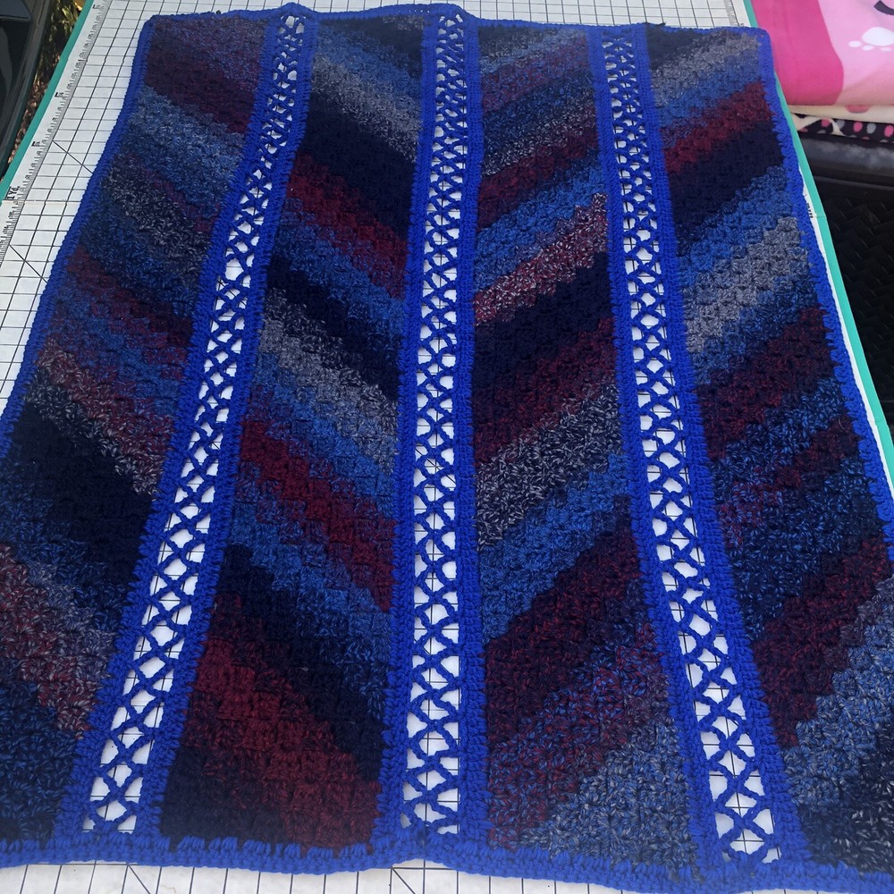 Afghan Blue, Grey, Red & Black 4 Panel 38x48” Throw