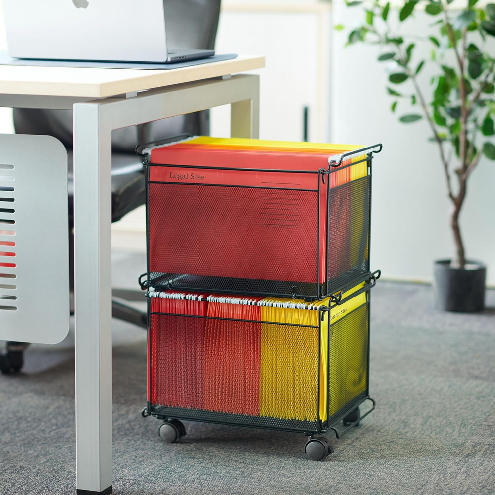 Presa Rolling Collapsible Stackable File Storage Organizer Basket, Set of 2, Bla