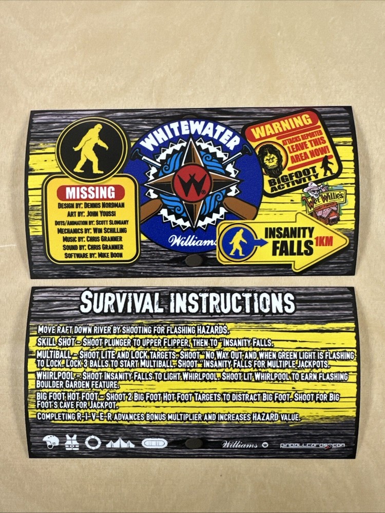 Williams White Water Pinball Apron Cards