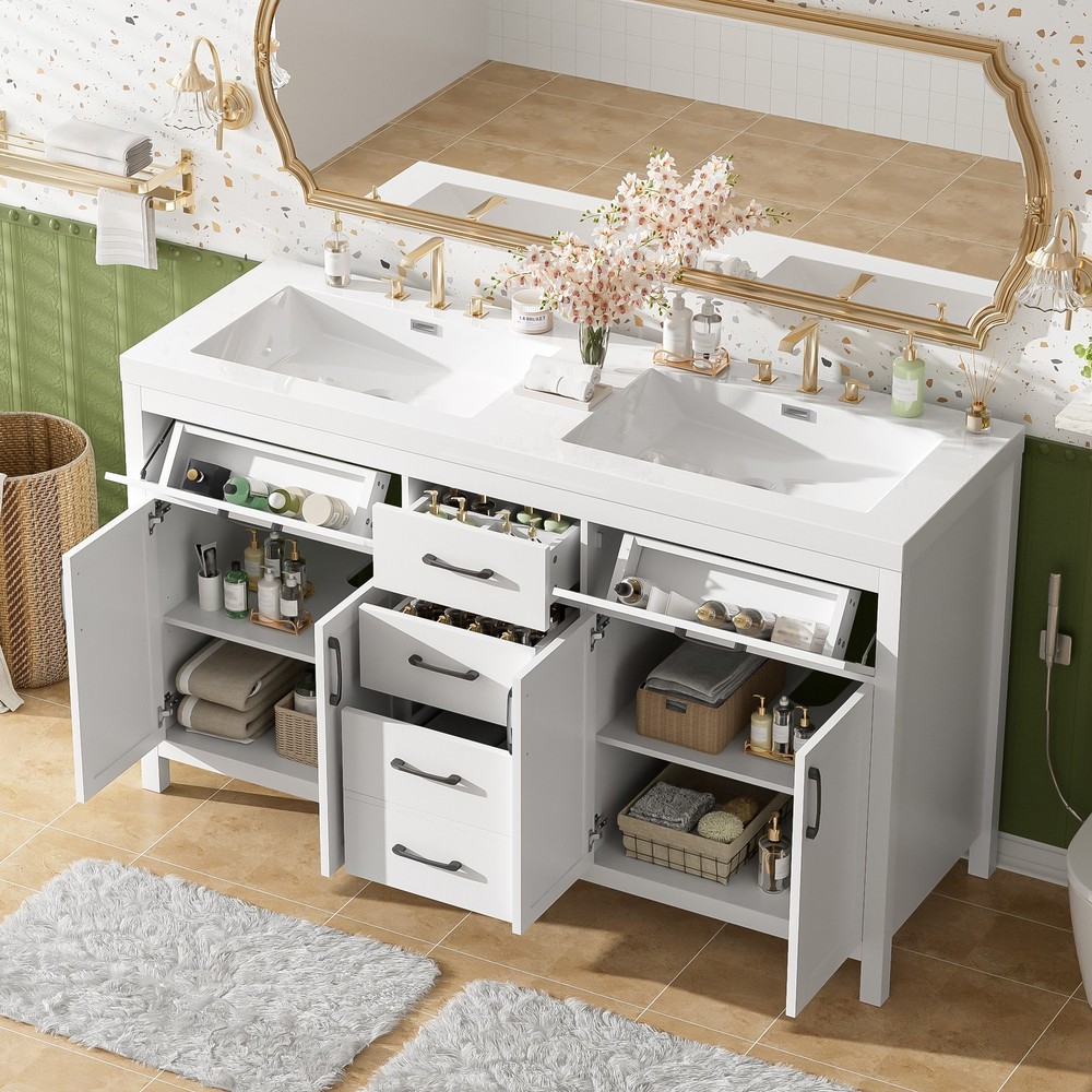59.3" Bathroom Vanity with Solid Wood Frame, Double SMC Sink,4 Doors, 3 Drawers