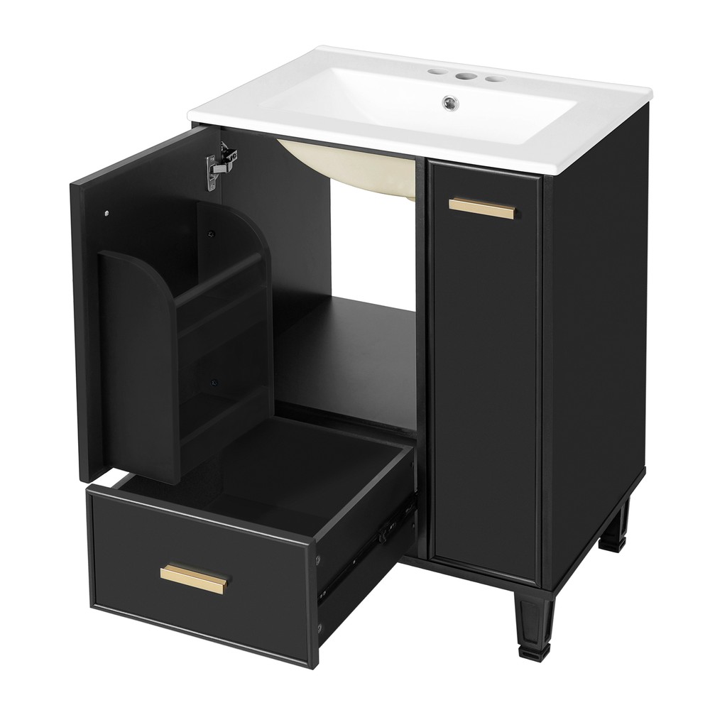 Bathroom Vanity with Ceramic Sink Solid Wood Frame Storage Cabinet Deep Drawer