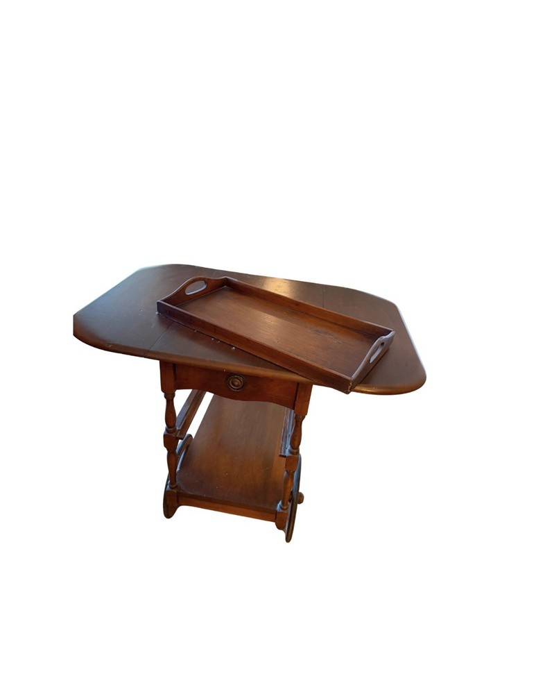 Vintage Solid Wood Drop Leaf Tea Cart with Removable Tray