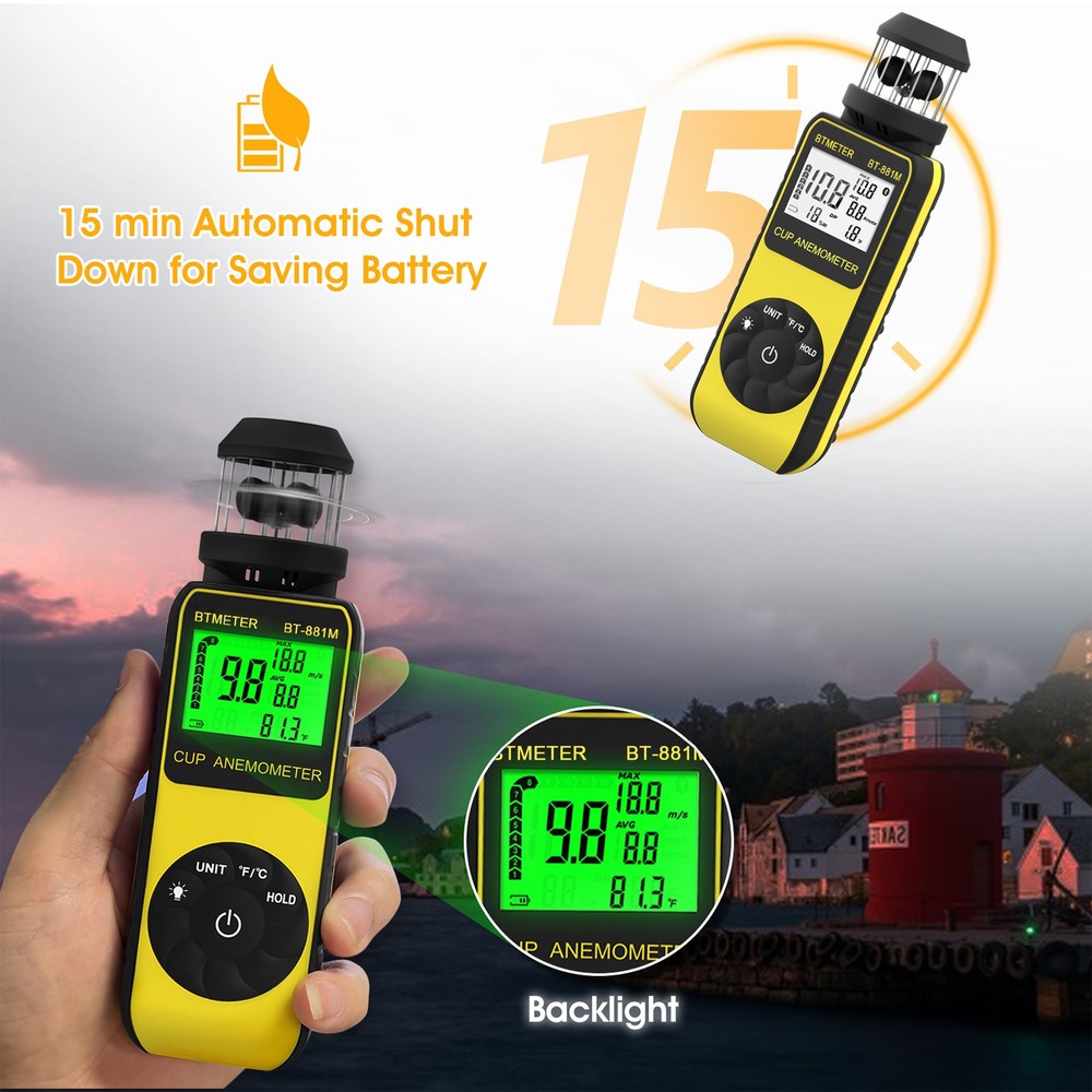 Handheld Anemometer Wind Speed Temp Meter Max Avg Current Backlight 0.7-42m/s US