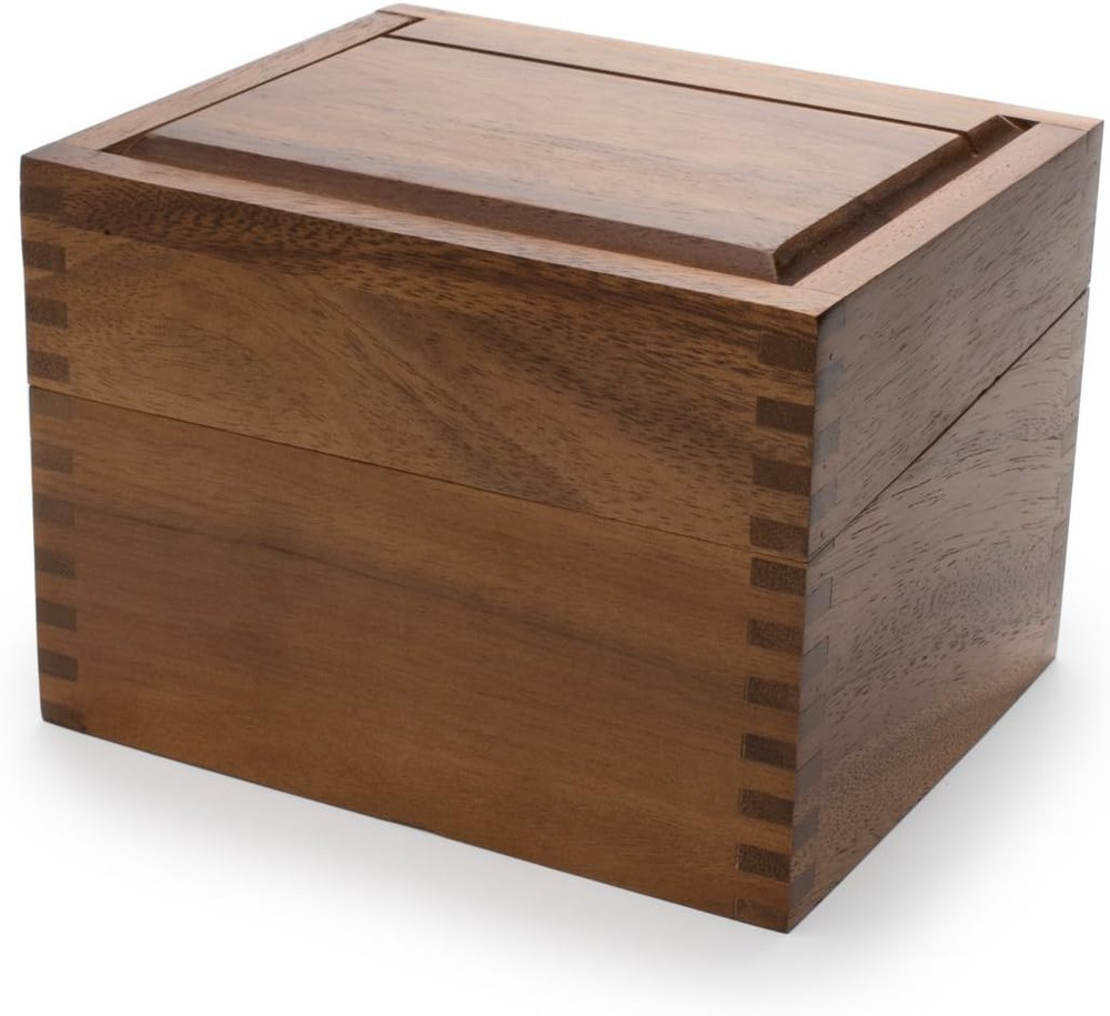Acacia Wood Recipe Box with Divider Tabs, 2 Compartment, Single