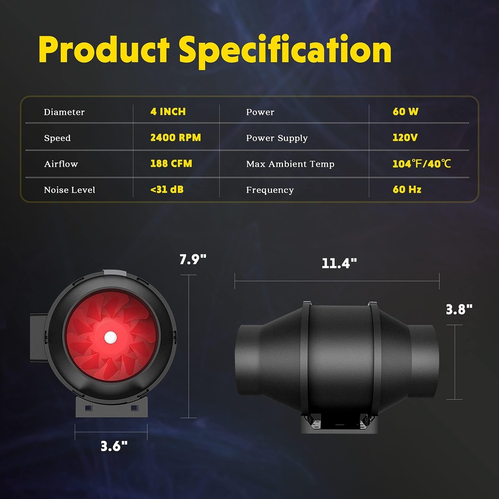 4 Inch 200 CFM Exhaust Inline Duct Fan with Variable Speed Controller