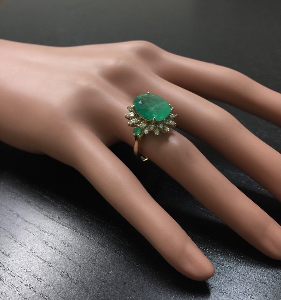 6.42Ct Natural Emerald & Diamond 14K Solid Yellow Gold Ring