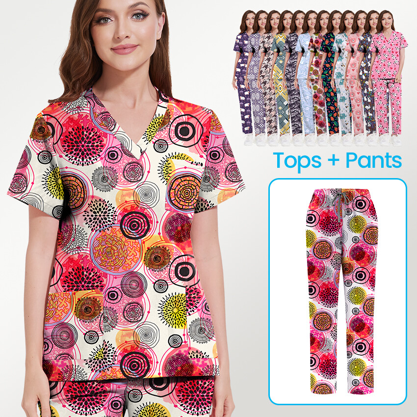 Wholesale Women's Printed Scrub Sets - Customizable V-Neck Top & Drawstring Pant