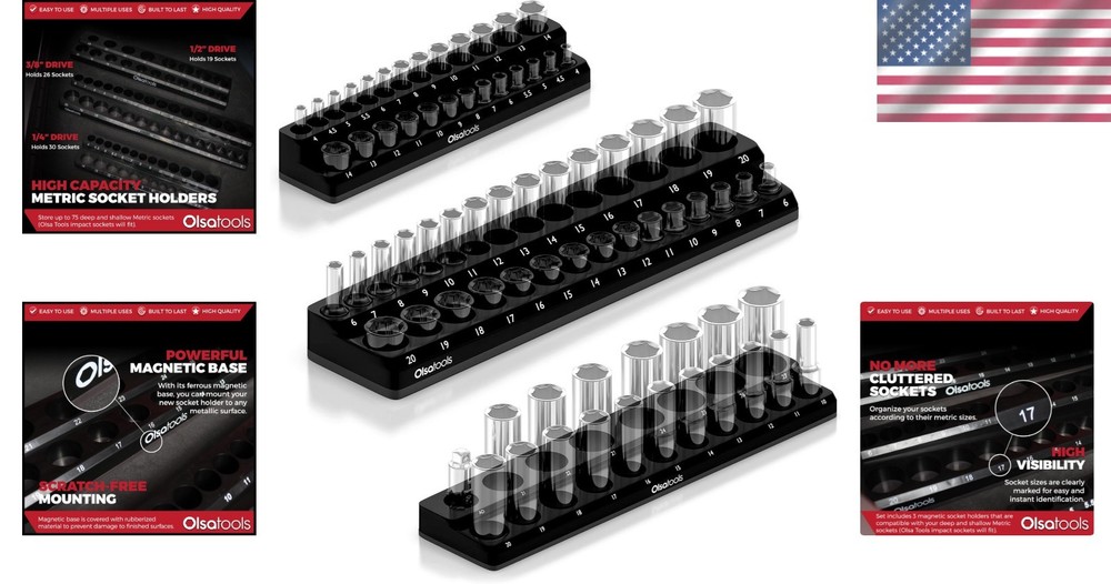 Efficient Magnetic Socket Organizer - 3-Piece Set for Deep & Shallow Sockets