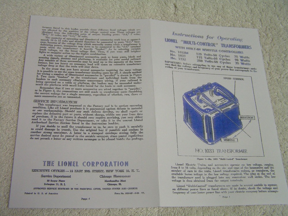 LIONEL TYPE 1032M, 1033, 1232 "Multi-Control" INSTRUCTIONS "COPY"