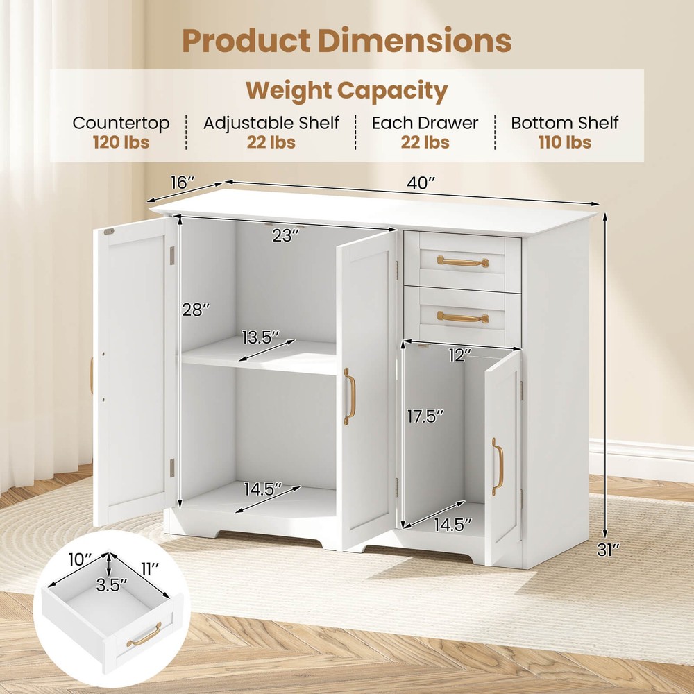40" Sideboard Buffet Cabinet Modern Kitchen Storage Organizer with 2 Drawers