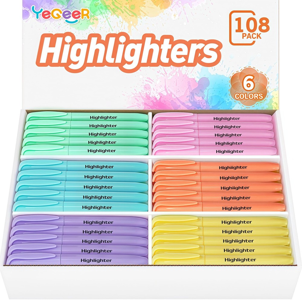Chisel Tip Highlighters Bulk Assorted Colors Study pens 108 Pack