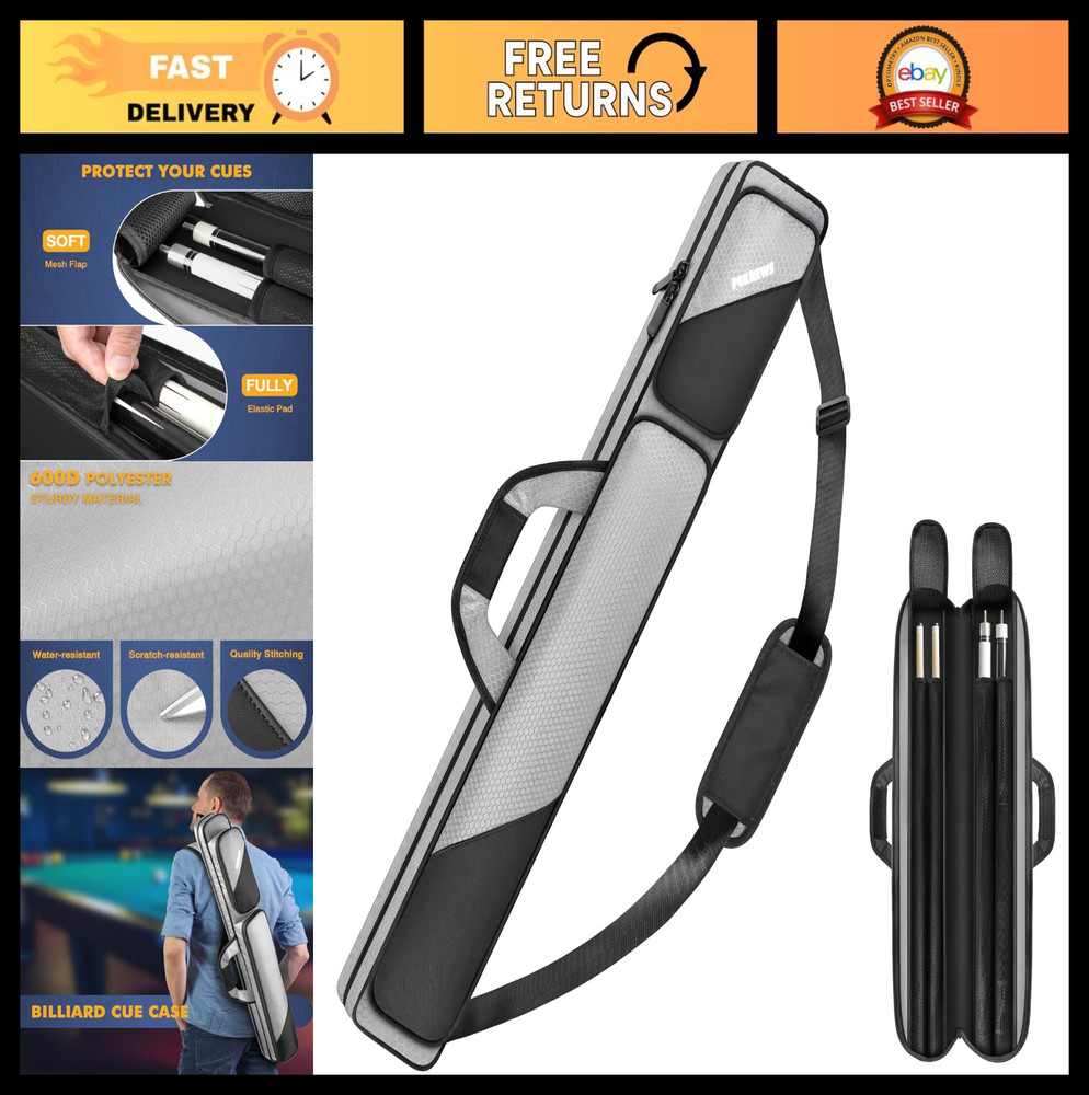 Durable Pool Cue Case 2x2 - Holds 2 Sticks, Accessory Pockets, Shoulder Strap