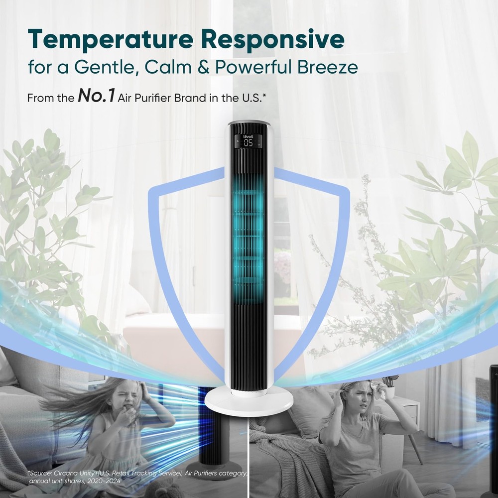 LEVOIT Tower Fan for Bedroom, 25ft/s Velocity Standing 36 inches, White