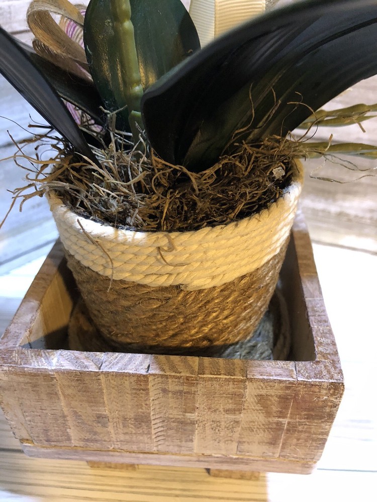 HANDCRAFTED WOODEN BASE WITH POTTED ARTIFICIAL ORCHID