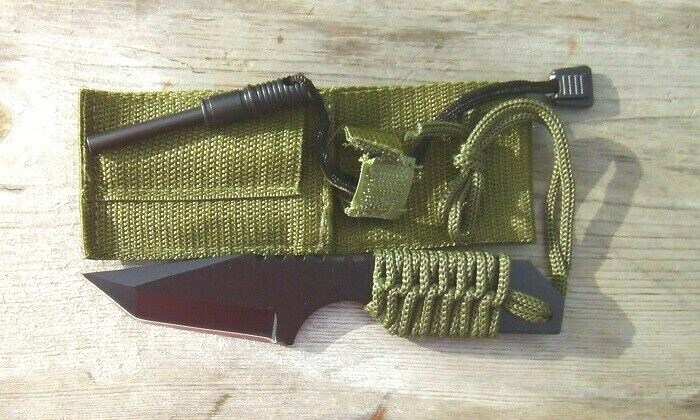 SURVIVAL HUNTING FIXED KNIFE BLACK CORD WRAPPED  HANDLE W/ FIRE STARTER