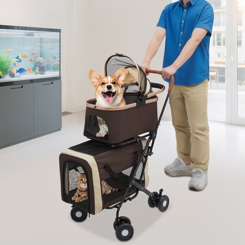 2-Tiers Foldable Cat Stroller Pet Stroller Small & Medium Dogs Stroller 77lbs