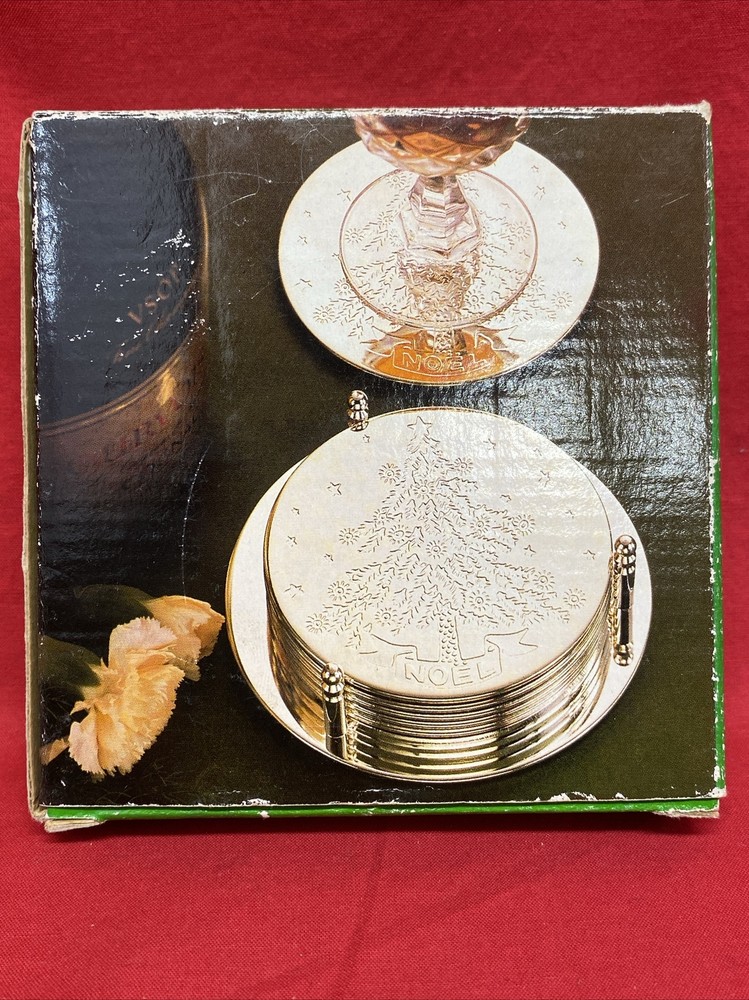 Silver Plated Christmas 7 Pcs Coaster Set Deeply Engraved Christmas Tree