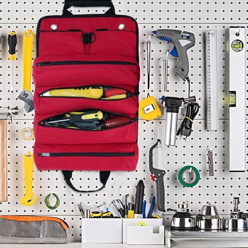Tool Roll Bag, Tool Bag Organizer, Tool Carrier Roll UP Storage Pouches Red