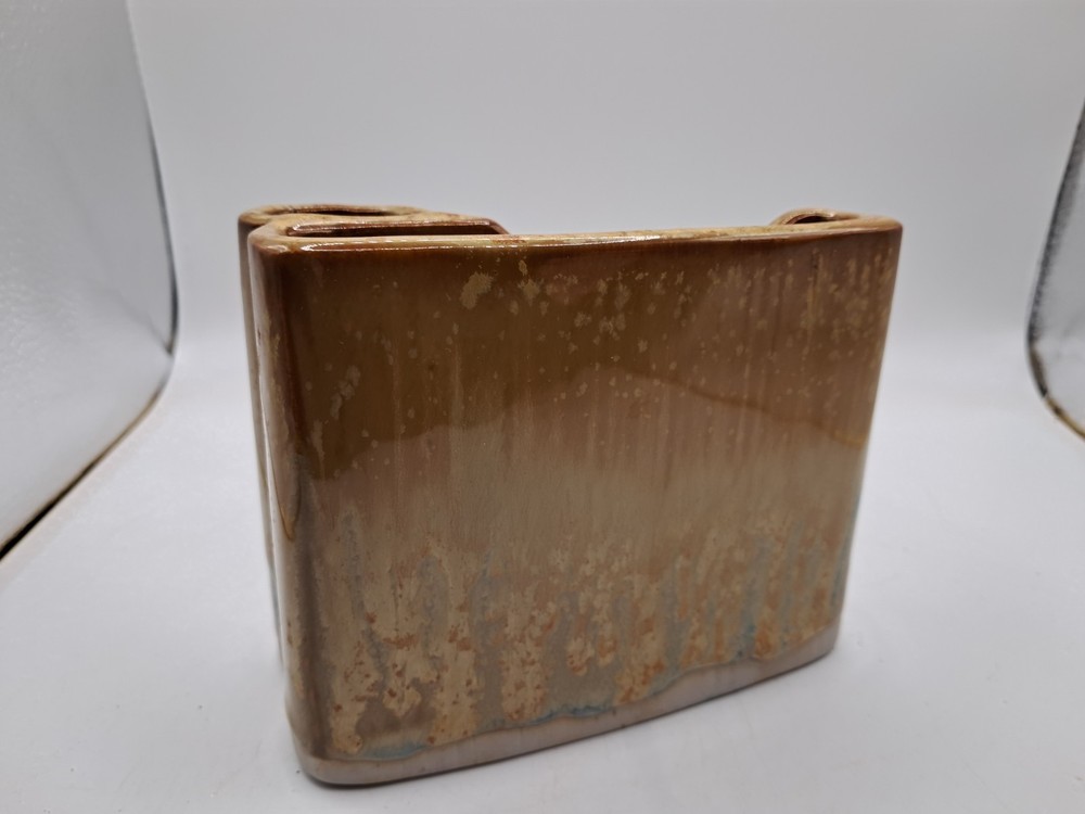 Studio Art Pottery Notepad & Pen Holder Brown Tan Drip Glaze Signed Bay