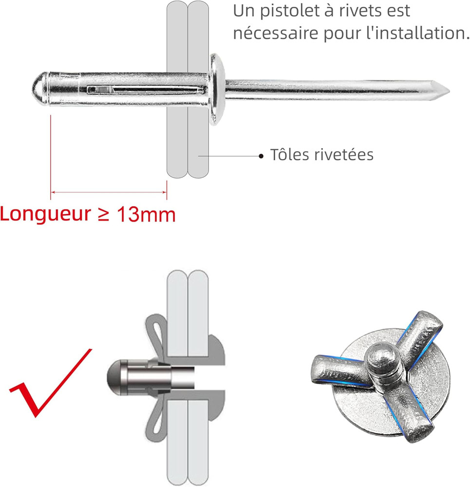 50PCS Tri-Fold Aluminum Blind Rivets, Tri Grip Exploding Pop Rivets for Automoti