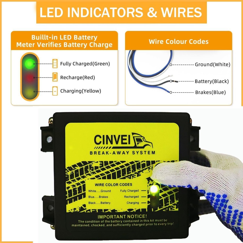 Trailer Brakes Breakaway Kit with Charger, LED Indicator, Switch, 12V5AH Battery