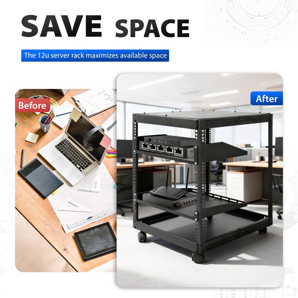 12U 4 Post Open Frame Server Rack Network 23"-40" Adjustable w/ Casters Shelves