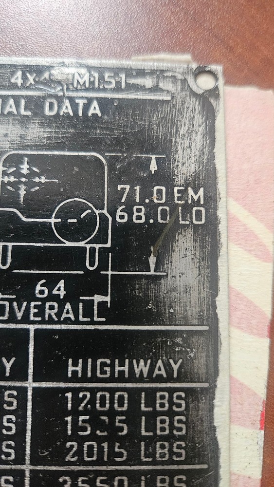 Original Very Early M151 data plate Original Military Issue ~8" Tall