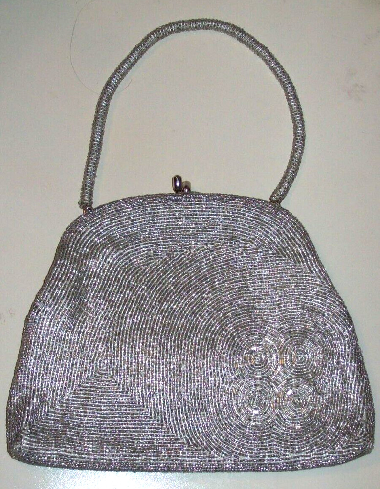 VTG Silver Circle Bead Patterned Purse Handbag w/ Beaded Handle Mirror & Comb