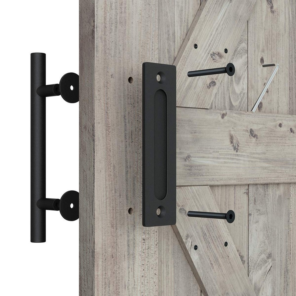 12" Heavy Duty Sliding Barn Door Handle, Pull and Flush Hardware Set, Black P