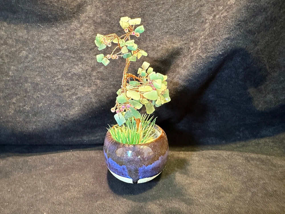 Jade Stone and Twisted Copper Wire Bonsai Tree