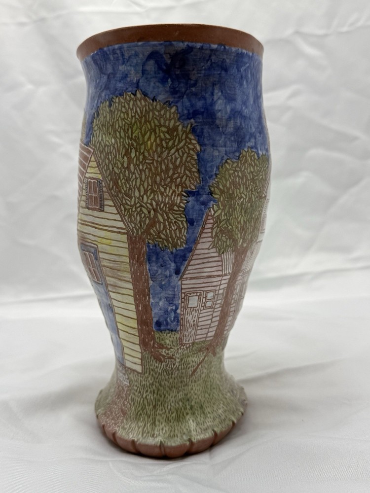 8inch Earthenware Vase With House Scene Marked