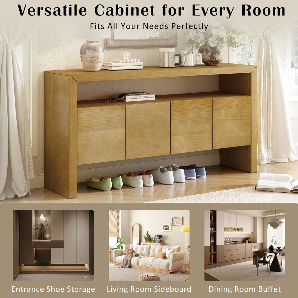 60" Modern Minimalist Solid Wood Veneer Sideboard (4 Doors+Open Shelf, Natural