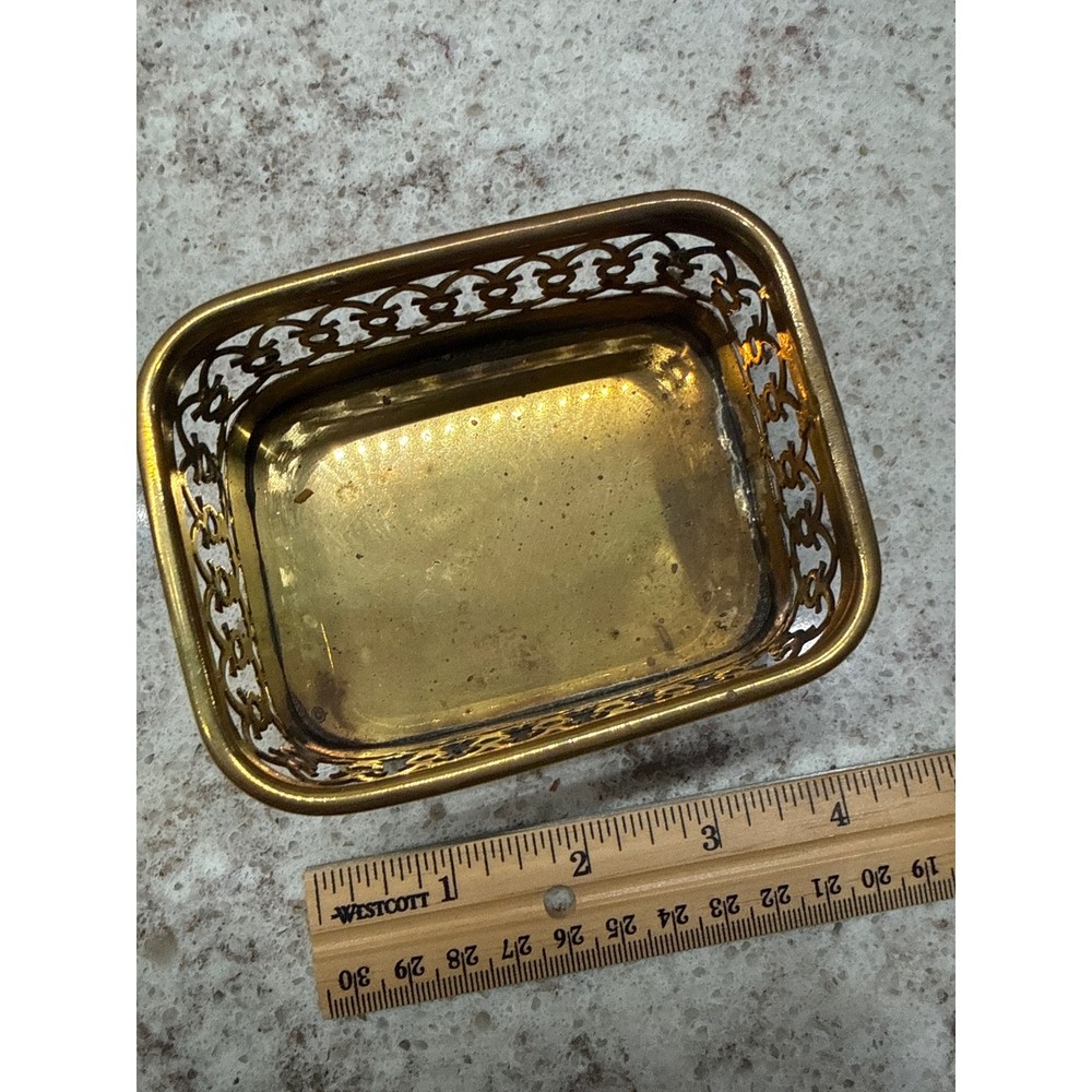 Vintage Brass Filigree Trinket Basket Rectangular Openwork Decorative Dish India