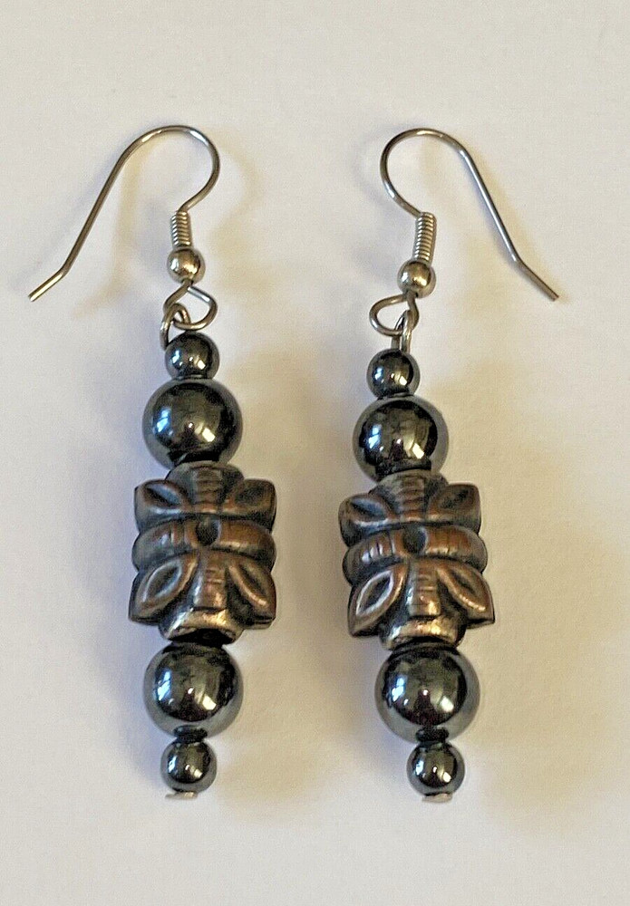 VTG HEMATITE BEADED DROP DANGLE EARRINGS SILVER TONE FRENCH WIRE