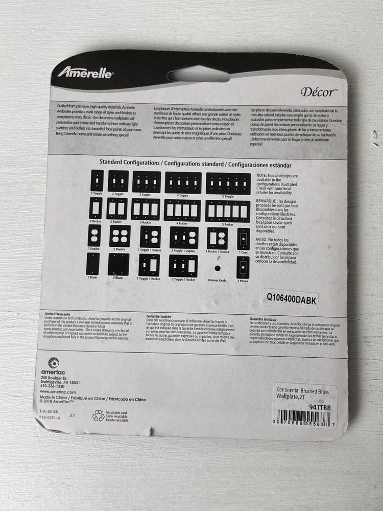 Amerelle Decor Continental Brushed Brass Wallplate Light Switch 2 Toggle 94TTBB