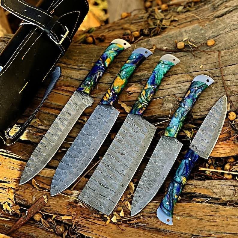 Custom Handmade Damascus Chef Set 5 Pieces