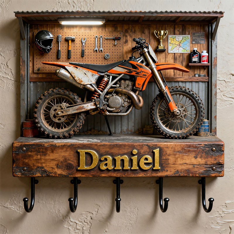 2D Dirt Bike Key Holder 3D Effect, Custom Name Motorcycle Hook Rack