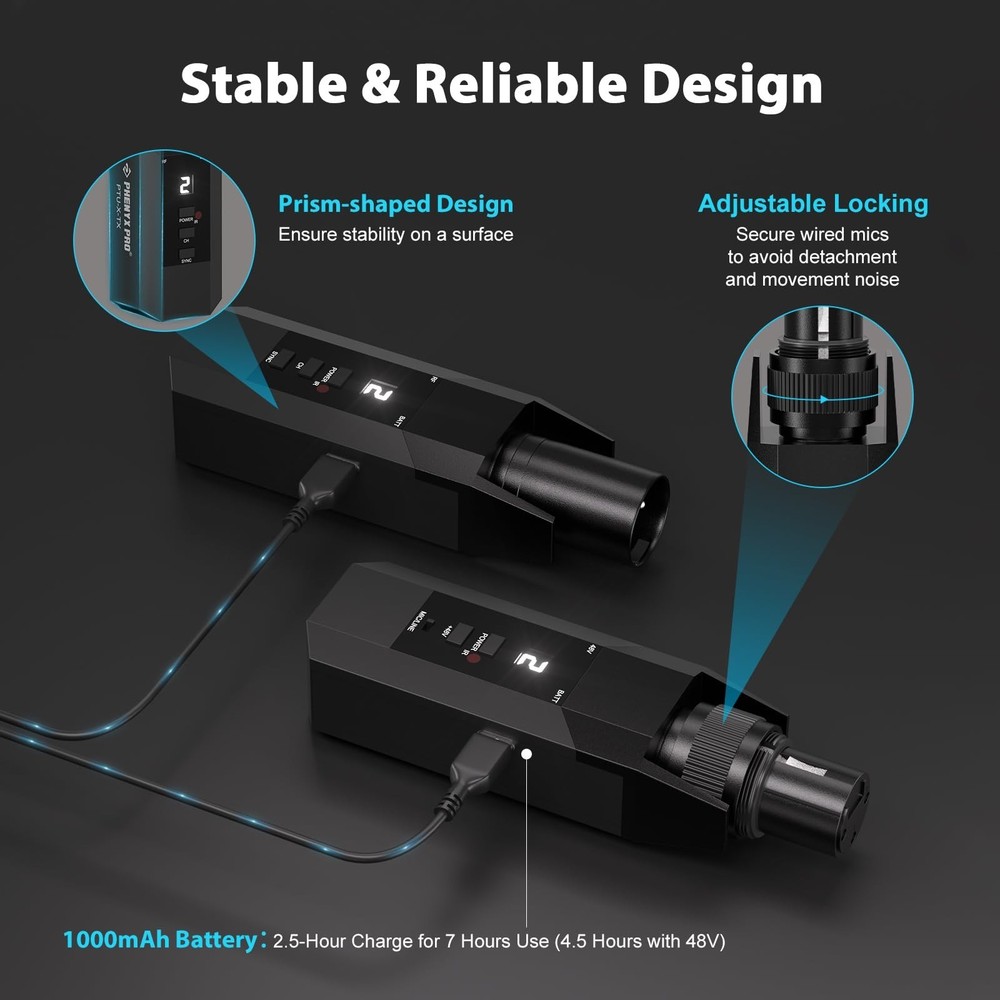 Phenyx Pro Plug-on XLR Wireless Transmitter Receiver System, Wired-to-Wireles...