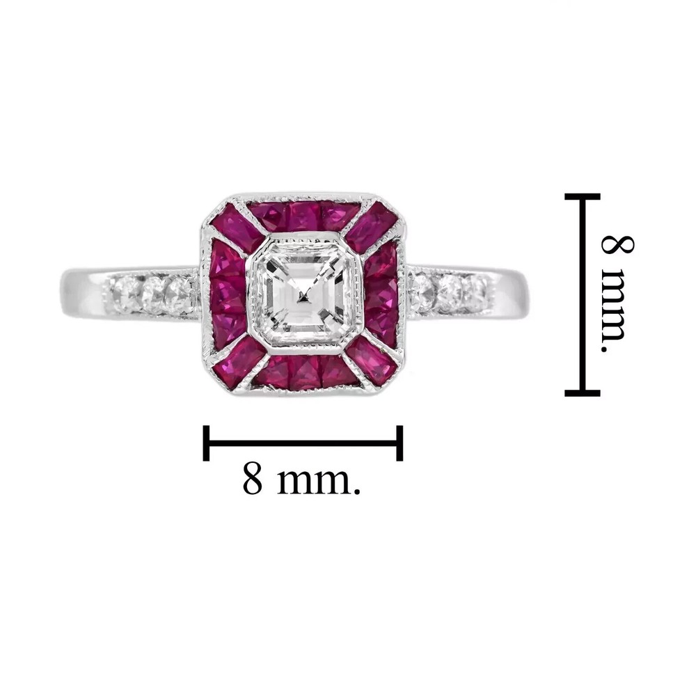 Art Deco Asscher Lab Created Diamond & Ruby Bezel 14K White Gold FN Wedding Ring