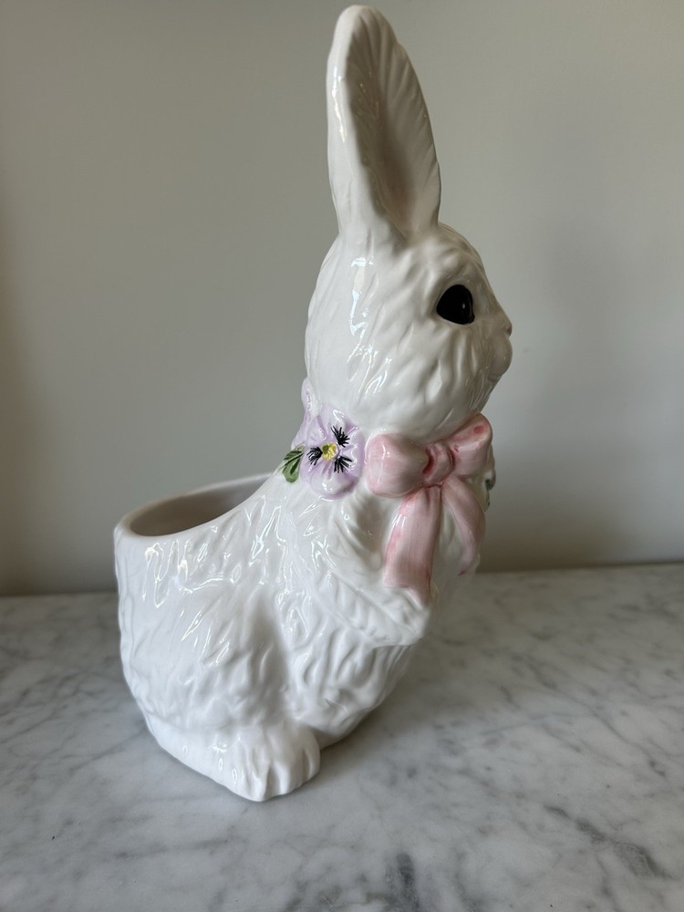 Ceramic Rabbit Planter White with Pink Bow & Purple Floral Design Easter