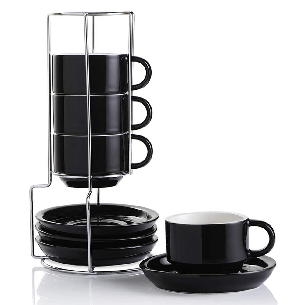 4 Pack Ceramic Espresso Cups with Saucers and Metal Stand 4oz Stackable Cups