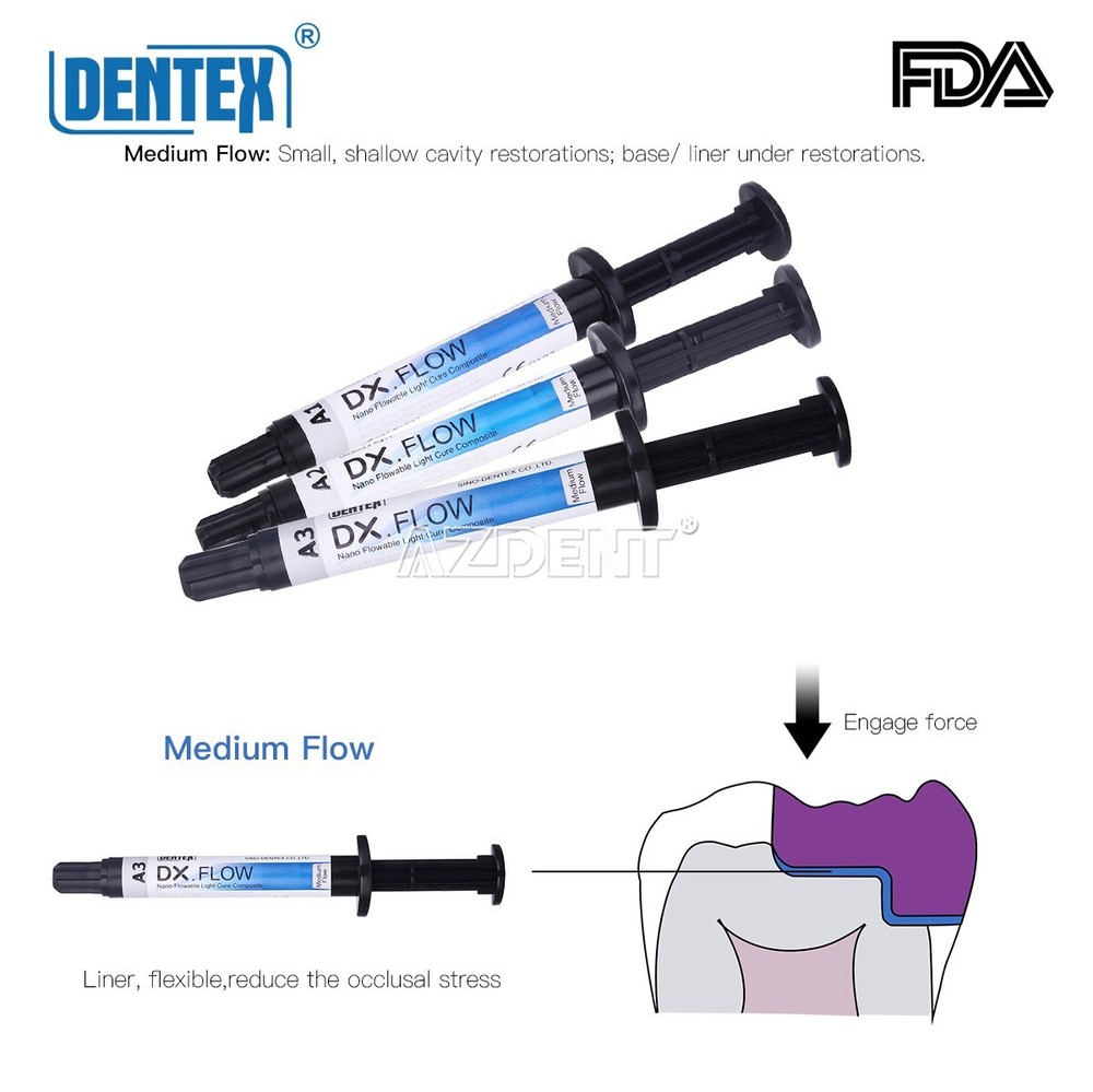 Dental Flowable Medium Flow Light Cure Composite A3 Shade Syringe DENTEX+5Tips