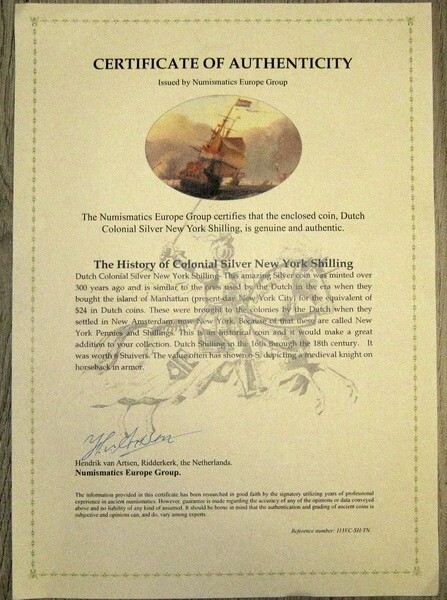 Certificate Authenticity 1685 Colonial New York Silver Knight Schilling Deventer
