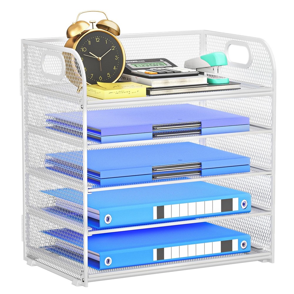 5-Tier Stackable Paper Organizer with Handle, White Metal Mesh Desk Organizer...